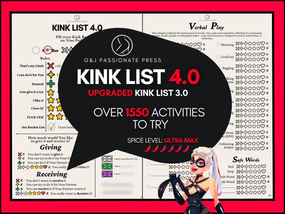 Kink List 4.0 - 1550 Sex Activities & Fetishes. Kinky, Sexy, Humiliation, BDSM Sex Ideas for Couples. Submissive Woman Tasks. Naughty Gift.