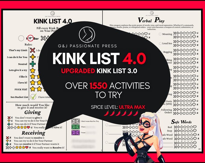 Kink List 4.0 - 1550 Sex Activities & Fetishes. Kinky, Sexy, Humiliation, BDSM Sex Ideas for Couples. Submissive Woman Tasks. Naughty Gift.