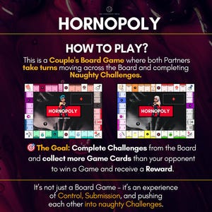 Op de afbeelding: HORNOPOLY bordspel instructiegrafiek met twee spelborden met kleurrijke vakjes, karakterillustraties en tekst die uitlegt hoe te spelen, het doel van het verzamelen van spelkaarten en de ervaring van controle en onderwerping.