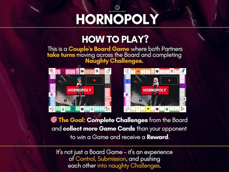 Op de afbeelding: HORNOPOLY bordspel instructiegrafiek met twee spelborden met kleurrijke vakjes, karakterillustraties en tekst die uitlegt hoe te spelen, het doel van het verzamelen van spelkaarten en de ervaring van controle en onderwerping.