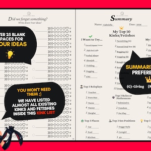 May include: A two-page spread from a kink checklist journal featuring a summary section with fields for name and date, lists for top kinks, fetishes, limits, roleplays, places, positions, and outfits, plus a section for additional ideas.