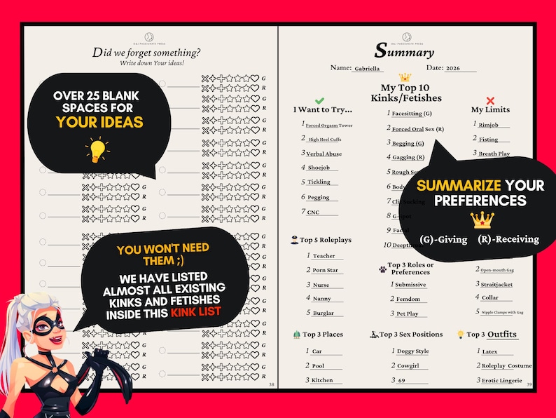 May include: A two-page spread from a kink checklist journal featuring a summary section with fields for name and date, lists for top kinks, fetishes, limits, roleplays, places, positions, and outfits, plus a section for additional ideas.