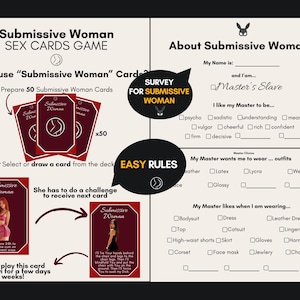 May include: A card game titled Submissive Woman Sex Cards Game featuring fifty red cards with white borders and text. The set includes a survey sheet with checkboxes for preferences and rules for drawing cards to complete challenges with specific outfits.