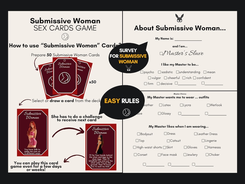 May include: A card game titled Submissive Woman Sex Cards Game featuring fifty red cards with white borders and text. The set includes a survey sheet with checkboxes for preferences and rules for drawing cards to complete challenges with specific outfits.
