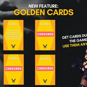 May include: Four yellow rectangular game cards labelled Golden with a black rabbit icon. The text reads: NEW FEATURE: GOLDEN CARDS, GET CARDS DURING THE GAME - USE THEM ANYTIME! One card displays instructions, while three cards are marked with CENSORED labels.