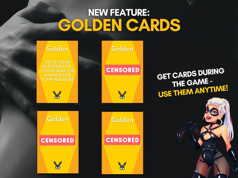 May include: Four yellow rectangular game cards labelled Golden with a black rabbit icon. The text reads: NEW FEATURE: GOLDEN CARDS, GET CARDS DURING THE GAME - USE THEM ANYTIME! One card displays instructions, while three cards are marked with CENSORED labels.