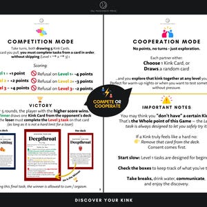 May include: A game instruction page titled Discover Your Kink, divided into four sections: Competition Mode, Cooperation Mode, Victory, and Important Notes. It features text, icons, and examples of game cards, with a central black circular badge reading Compete or Cooperate.