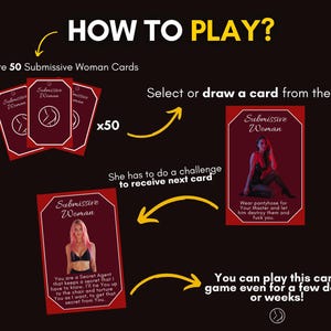 May include: A card game titled Submissive Woman featuring 50 red cards with white text and imagery. The instructions state to prepare 50 cards, select or draw a card from the deck, complete a challenge to receive the next card, and play for days or weeks.