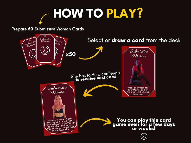 May include: A card game titled Submissive Woman featuring 50 red cards with white text and imagery. The instructions state to prepare 50 cards, select or draw a card from the deck, complete a challenge to receive the next card, and play for days or weeks.