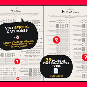 May include: A two-page checklist document titled (B)all Gags and For Tough ones, featuring lists of sexual activities with checkboxes and rating symbols. Overlaid are black speech bubbles with text including VERY SPECIFIC CATEGORIES and 39 PAGES OF KINKS.