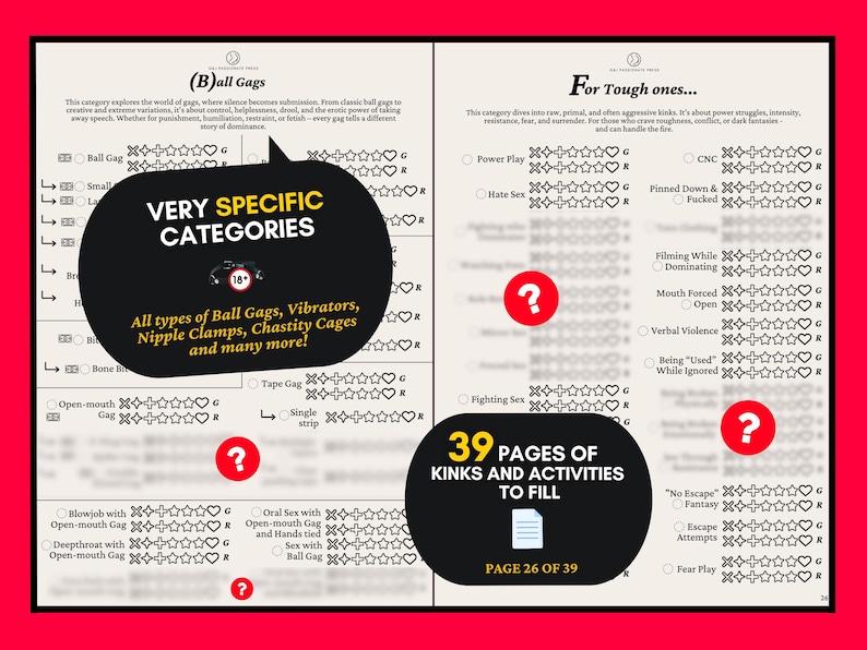 May include: A two-page checklist document titled (B)all Gags and For Tough ones, featuring lists of sexual activities with checkboxes and rating symbols. Overlaid are black speech bubbles with text including VERY SPECIFIC CATEGORIES and 39 PAGES OF KINKS.