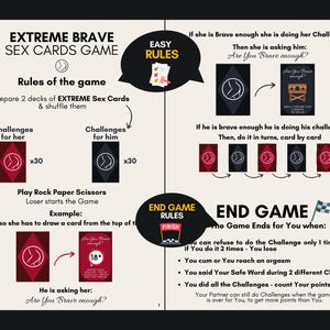 K&ouml;nnte beinhalten: Eine Anleitungskarte f&uuml;r das Extreme Brave Sex Cards Spiel mit Regeln, Spielschritten und Endspielbedingungen. Das Layout enth&auml;lt Text, Diagramme von Kartendecks sowie Sprechblasen mit der Aufschrift Easy Rules und End Game Rules.