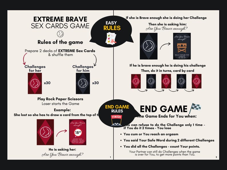 K&ouml;nnte beinhalten: Eine Anleitungskarte f&uuml;r das Extreme Brave Sex Cards Spiel mit Regeln, Spielschritten und Endspielbedingungen. Das Layout enth&auml;lt Text, Diagramme von Kartendecks sowie Sprechblasen mit der Aufschrift Easy Rules und End Game Rules.