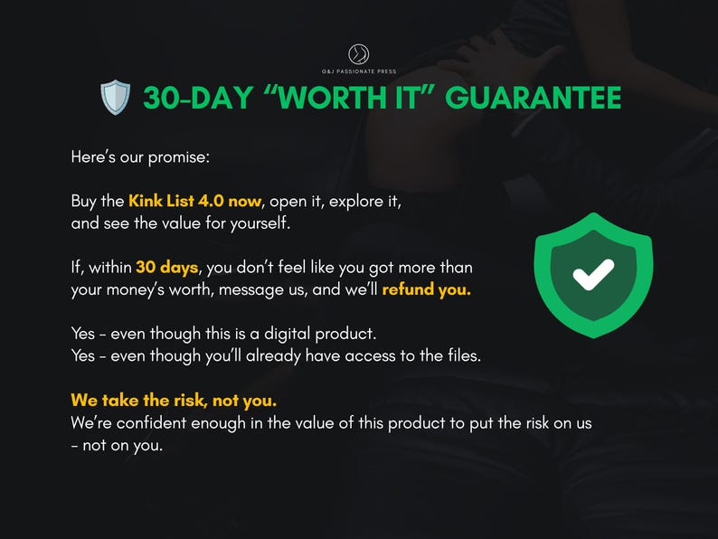 May include: A digital product guarantee graphic featuring the text 30-DAY WORTH IT GUARANTEE with a shield icon. The text outlines a refund policy for the Kink List 4.0, stating that customers can message for a refund within 30 days if unsatisfied.