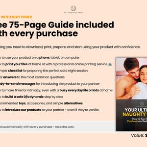 May include: A digital guide titled Your Ultimate Naughty Guide featuring a cover photo of a couple. The text lists benefits including a 75-page guide, instructions for phone or tablet use, printing tips, checklists, FAQs, and advice on intimacy.