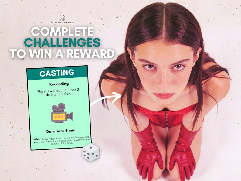 Op de afbeelding: Een spelkaart getiteld CASTING met de tekst Recording, Player 1 will record Player 2 during Oral Sex, Duration: 4 min, en regels. De kaart bevat een videocamera-icoon met XXX, een witte dobbelsteen en de tekst COMPLETE CHALLENGES TO WIN A REWARD.