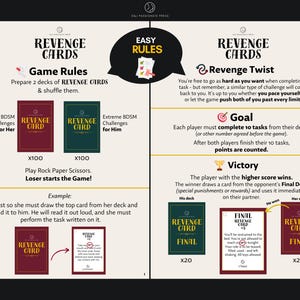 Op de afbeelding: Een spelhandleiding voor Revenge Cards met twee kaartspellen van 100 kaarten in bordeauxrood en donkergroen. De lay-out bevat spelregels, een revenge twist, het doel en de overwinningsvoorwaarden, inclusief voorbeelden van finalekaarten.