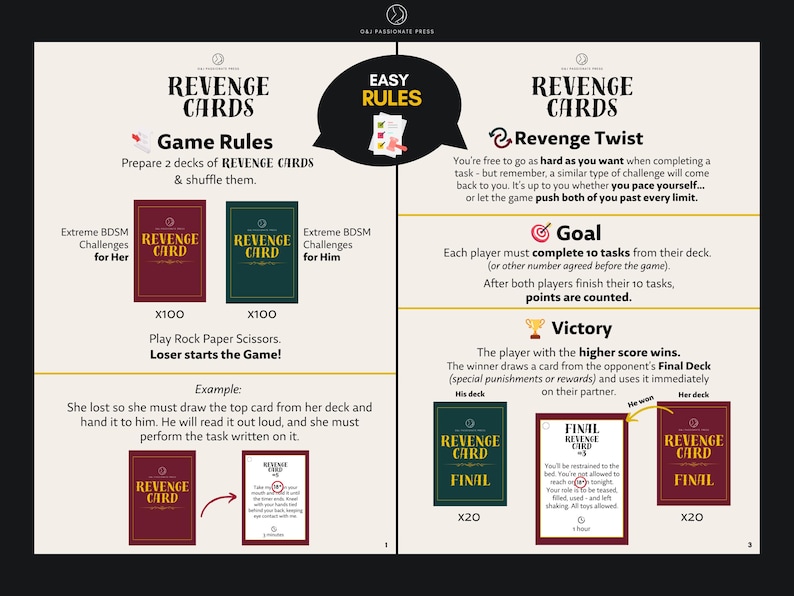Op de afbeelding: Een spelhandleiding voor Revenge Cards met twee kaartspellen van 100 kaarten in bordeauxrood en donkergroen. De lay-out bevat spelregels, een revenge twist, het doel en de overwinningsvoorwaarden, inclusief voorbeelden van finalekaarten.