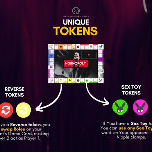 Op de afbeelding: Een bordspel genaamd HORNOPOLY met een centraal speelbord, twee rode en gele ronde reverse-fiches met witte pijlen, en twee groene en roze ronde sex toy-fiches met zwarte konijnenmasker-iconen, inclusief instructieve tekst.