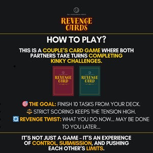 Op de afbeelding: Een kaartspel voor koppels genaamd Revenge Cards met een rood en een groen kaartspel. De tekst legt uit hoe je speelt, het doel om 10 taken te voltooien, het puntensysteem, de Revenge Twist en de ervaring van controle, onderwerping en grenzen.