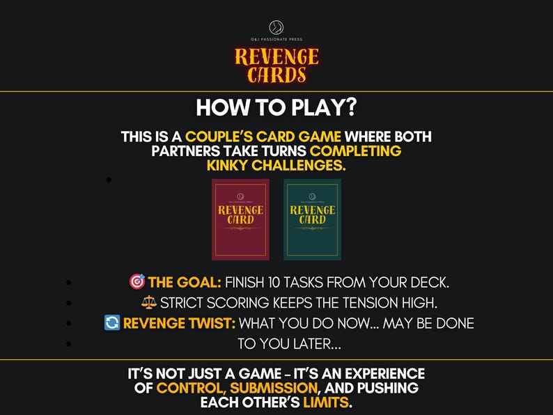 Op de afbeelding: Een kaartspel voor koppels genaamd Revenge Cards met een rood en een groen kaartspel. De tekst legt uit hoe je speelt, het doel om 10 taken te voltooien, het puntensysteem, de Revenge Twist en de ervaring van controle, onderwerping en grenzen.
