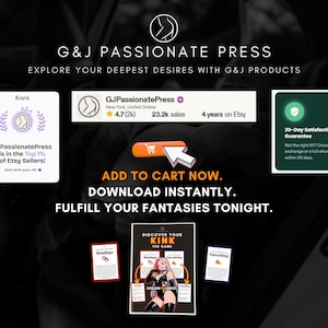 May include: A digital promotional graphic for G&J Passionate Press featuring a shop banner, a top 1% Etsy seller badge, a 30-day satisfaction guarantee box, and a central product image titled Discover Your Kink The Game with an illustrated character.