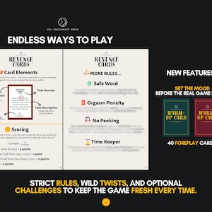 Op de afbeelding: Een spelhandleiding getiteld Revenge Cards met secties over kaartonderdelen, puntentelling en regels. De lay-out bevat tekst, iconen en een visueel voorbeeld van een kaart. Rechts worden twee rechthoekige opwarmkaarten in groen en rood getoond.