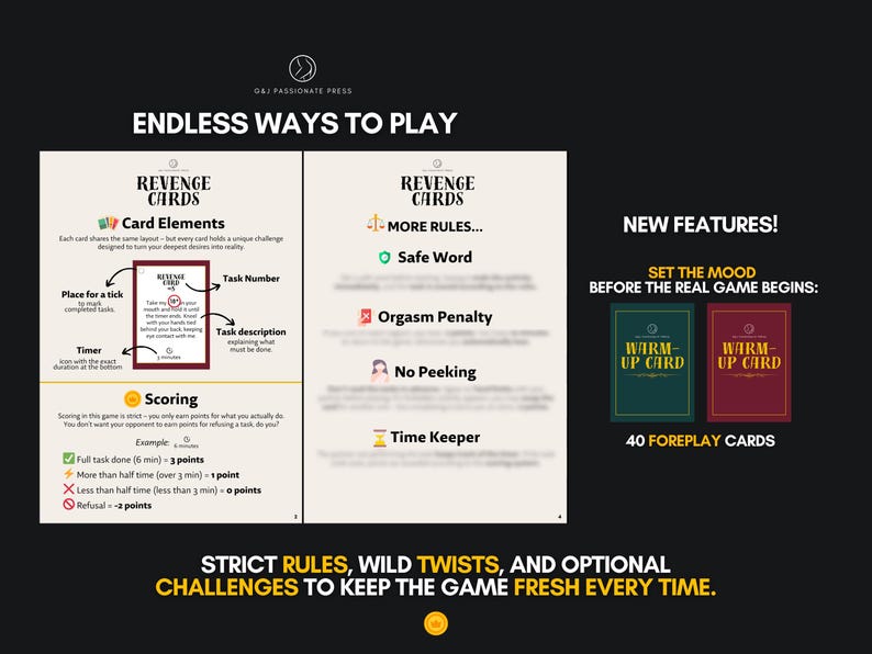 Op de afbeelding: Een spelhandleiding getiteld Revenge Cards met secties over kaartonderdelen, puntentelling en regels. De lay-out bevat tekst, iconen en een visueel voorbeeld van een kaart. Rechts worden twee rechthoekige opwarmkaarten in groen en rood getoond.