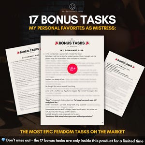 Puede incluir: Tres p&aacute;ginas blancas de texto tituladas BONUS TASKS BY GABRIELLA, con el encabezado 17 BONUS TASKS MY PERSONAL FAVORITES AS MISTRESS. La p&aacute;gina central muestra un icono circular rojo de 18+ sobre texto borroso, con el pie de p&aacute;gina THE MOST EPIC FEMDOM TASKS ON THE MARKET y un icono de diamante azul.