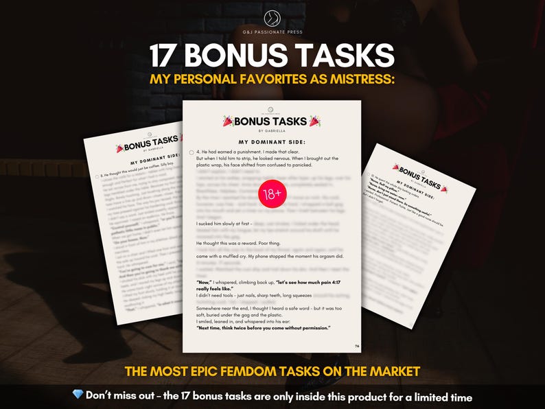 Puede incluir: Tres p&aacute;ginas blancas de texto tituladas BONUS TASKS BY GABRIELLA, con el encabezado 17 BONUS TASKS MY PERSONAL FAVORITES AS MISTRESS. La p&aacute;gina central muestra un icono circular rojo de 18+ sobre texto borroso, con el pie de p&aacute;gina THE MOST EPIC FEMDOM TASKS ON THE MARKET y un icono de diamante azul.