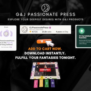 May include: A digital graphic for G&J Passionate Press featuring a board game titled HORNOPOLY, an orange add to cart button with a cursor, and text stating: Explore your deepest desires with G&J products, Add to cart now, Download instantly, Fulfill your fantasies tonight.