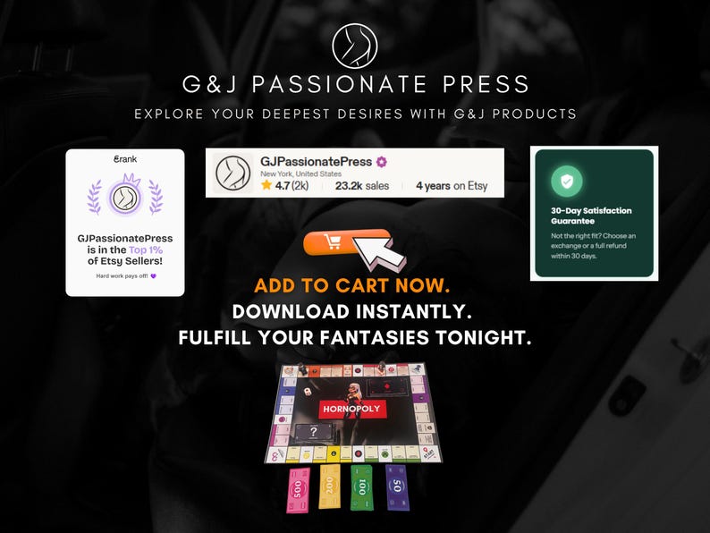 May include: A digital graphic for G&J Passionate Press featuring a board game titled HORNOPOLY, an orange add to cart button with a cursor, and text stating: Explore your deepest desires with G&J products, Add to cart now, Download instantly, Fulfill your fantasies tonight.