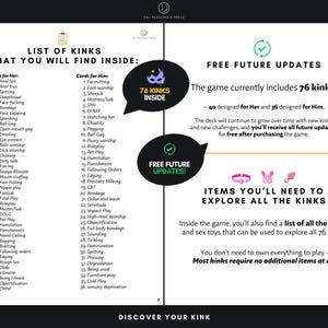 May include: A two-page informational document titled List of Kinks That You Will Find Inside, detailing 76 kinks categorised for her and him. The layout includes text about free future updates, a list of required items, and circular graphic icons.