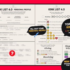 May include: A Kink List 4.0 personal profile document featuring sections for name, age, nickname, and date. The form includes checkboxes for interests, experience levels, and preferences, alongside a rating system using symbols like stars and hearts.