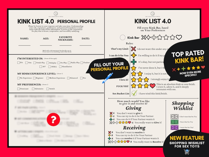 May include: A Kink List 4.0 personal profile document featuring sections for name, age, nickname, and date. The form includes checkboxes for interests, experience levels, and preferences, alongside a rating system using symbols like stars and hearts.