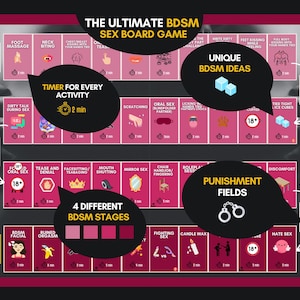 May include: A pink and dark red board game titled The Ultimate BDSM Sex Board Game. The board features a grid of squares with various activity icons, text labels, timer symbols, and punishment fields with handcuff icons, organized into four stages.