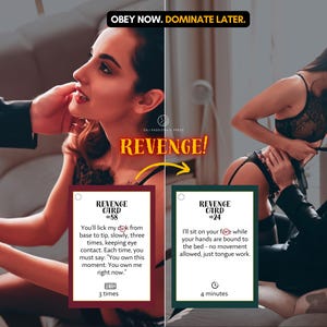 Op de afbeelding: Twee rechthoekige spelkaarten getiteld REVENGE CARD #58 en REVENGE CARD #24. Kaart #58 is bordeauxrood met tekst over likken en oogcontact. Kaart #24 is donkergroen met tekst over gebonden handen. De kaarten bevatten iconen en instructies.