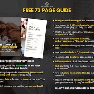 May include: A 73-page guide titled The Complete Naughty Guide with a table of contents and text detailing advice on relationship dynamics, conversation scripts, sex games, and kink lists, presented with a cover image of a couple on a bed.