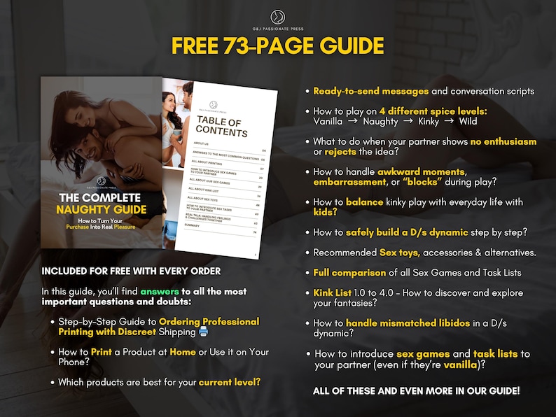 May include: A 73-page guide titled The Complete Naughty Guide with a table of contents and text detailing advice on relationship dynamics, conversation scripts, sex games, and kink lists, presented with a cover image of a couple on a bed.