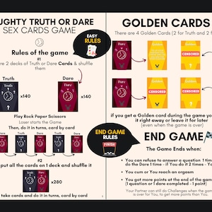 May include: An instructional guide for a Naughty Truth or Dare sex card game. The layout features rules for gameplay, including shuffling decks of 140 Truth and 140 Dare cards, using Rock Paper Scissors to start, and details on 4 Golden Cards.