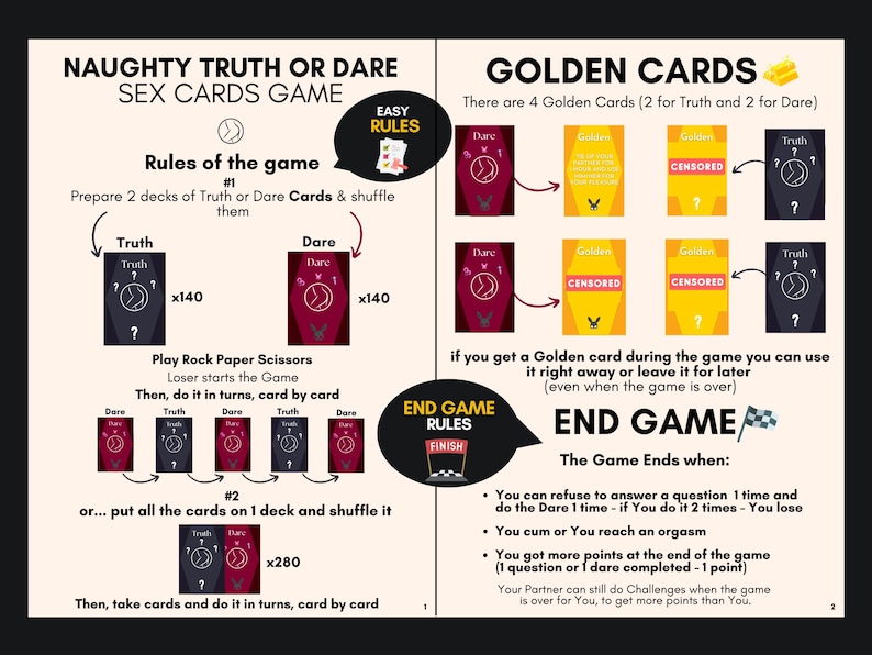 May include: An instructional guide for a Naughty Truth or Dare sex card game. The layout features rules for gameplay, including shuffling decks of 140 Truth and 140 Dare cards, using Rock Paper Scissors to start, and details on 4 Golden Cards.