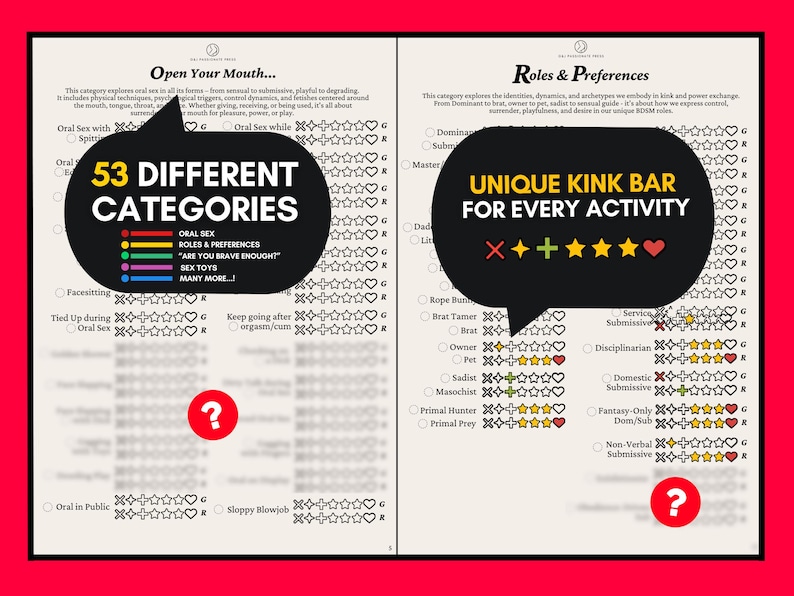 May include: A two-page checklist titled Open Your Mouth and Roles & Preferences. The document features lists of activities with checkboxes and rating symbols including crosses, plus signs, stars, and hearts. Two black speech bubbles overlay the text.
