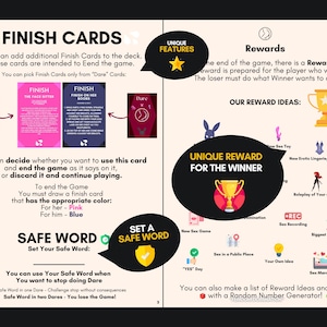 May include: An instructional game manual page featuring Finish Cards in pink and blue, with text explaining game rules, reward ideas, and safe word settings. The layout includes icons of a trophy, a rabbit, and various erotic activity symbols.