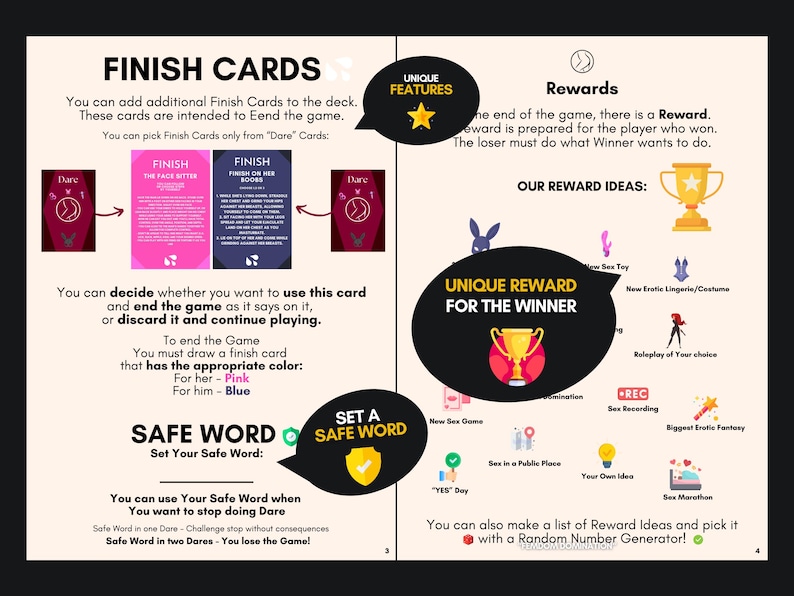 May include: An instructional game manual page featuring Finish Cards in pink and blue, with text explaining game rules, reward ideas, and safe word settings. The layout includes icons of a trophy, a rabbit, and various erotic activity symbols.