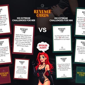 Op de afbeelding: Een set Revenge Cards met 100 extreme uitdagingen voor haar en hem. De set bevat witte rechthoekige kaarten met zwarte tekst, rode en groene randen, en een centrale illustratie van een roodharig personage in een zwart outfit.