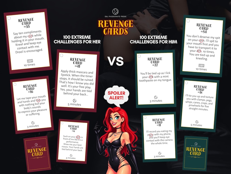 Op de afbeelding: Een set Revenge Cards met 100 extreme uitdagingen voor haar en hem. De set bevat witte rechthoekige kaarten met zwarte tekst, rode en groene randen, en een centrale illustratie van een roodharig personage in een zwart outfit.