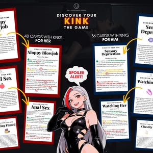 May include: A card game titled Discover Your Kink featuring 40 cards for her and 36 cards for him. The game includes various instructional cards with titles like Sloppy Blowjob, Anal Sex, Sensory Deprivation, and Watching Her, alongside an anime-style character illustration and a spoiler alert bubble.