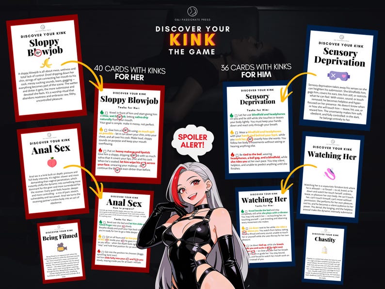 May include: A card game titled Discover Your Kink featuring 40 cards for her and 36 cards for him. The game includes various instructional cards with titles like Sloppy Blowjob, Anal Sex, Sensory Deprivation, and Watching Her, alongside an anime-style character illustration and a spoiler alert bubble.