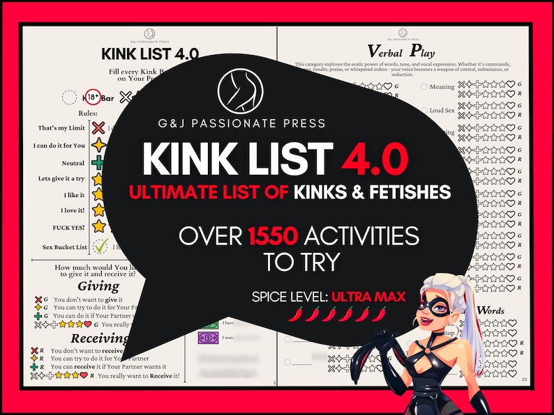 May include: A Kink List 4.0 activity checklist featuring a black speech bubble overlay with the text G&J Passionate Press, Kink List 4.0, Ultimate List of Kinks & Fetishes, Over 1550 Activities to Try, and Spice Level: Ultra Max with five red chili icons.