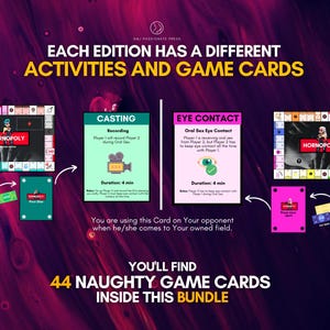 Op de afbeelding: Een bordspelset genaamd HORNOPOLY met twee verschillende spelborden, speelgeld en activiteitenkaarten. De tekst luidt EACH EDITION HAS A DIFFERENT ACTIVITIES AND GAME CARDS en YOU'LL FIND 44 NAUGHTY GAME CARDS INSIDE THIS BUNDLE.
